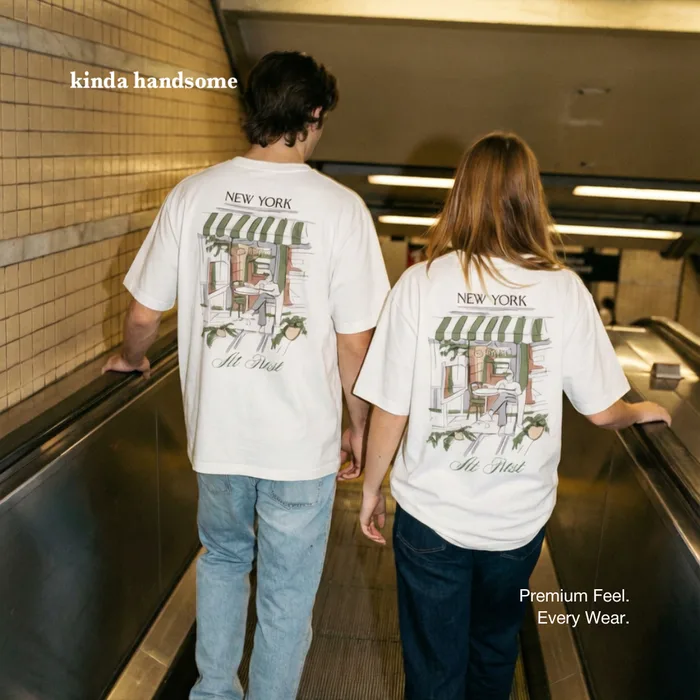 Kinda Handsome New York back-print t-shirt, couple on a subway escalator