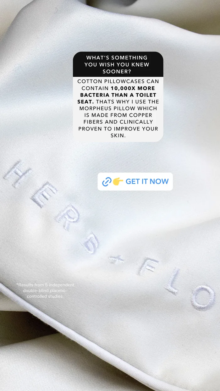 Herb + Flora Morpheus copper-fiber pillowcase ad with hygiene claim callout