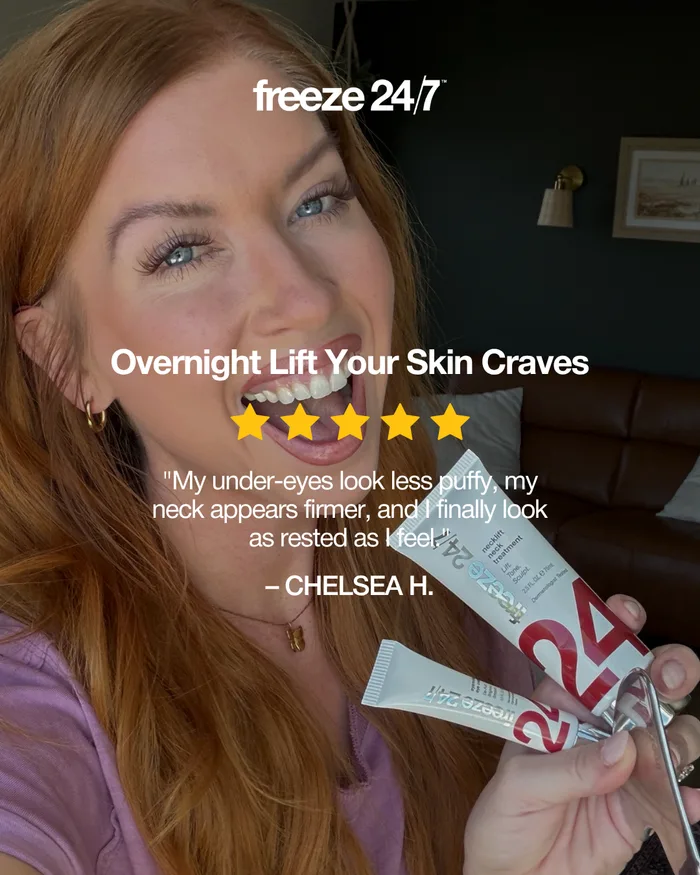 Freeze 24/7 testimonial-style ad with a five-star review and product in hand