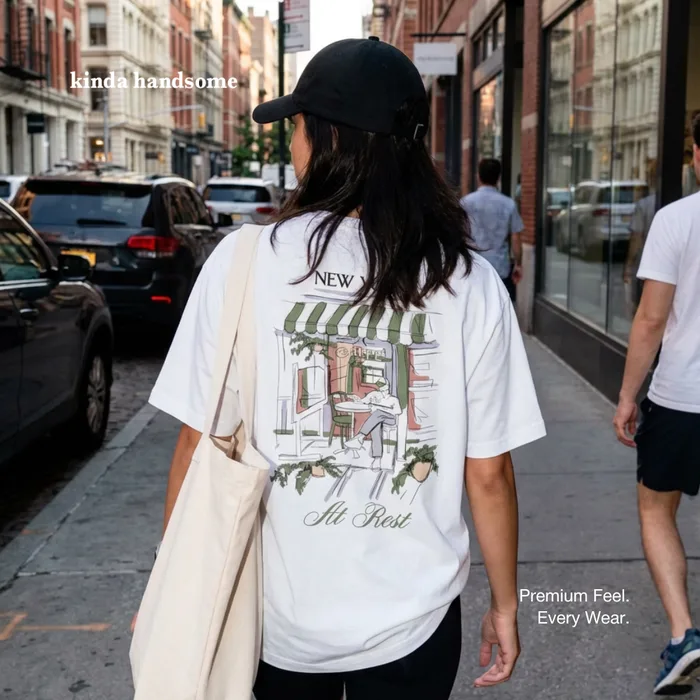 Kinda Handsome New York back-print t-shirt, street walk shot