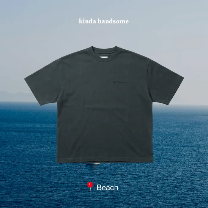 Kinda Handsome plain t-shirt ad, beach backdrop