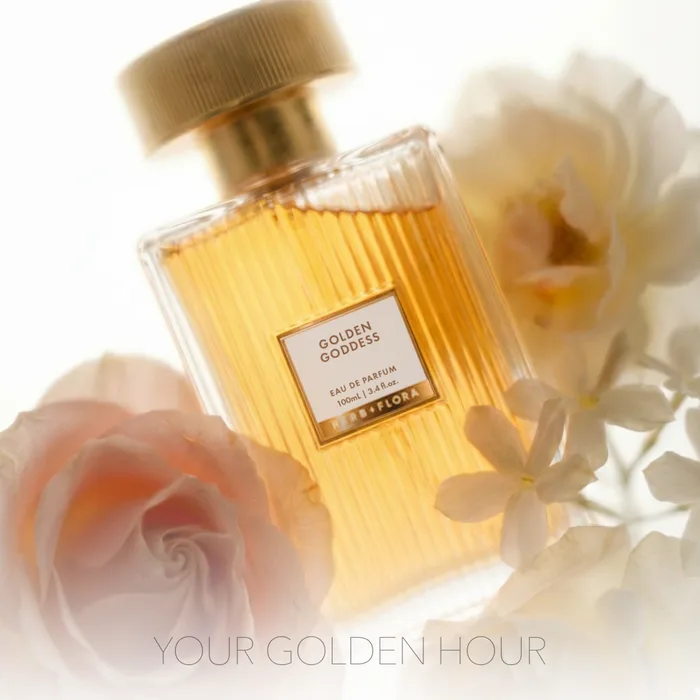Your Golden Hour fragrance product shot with florals